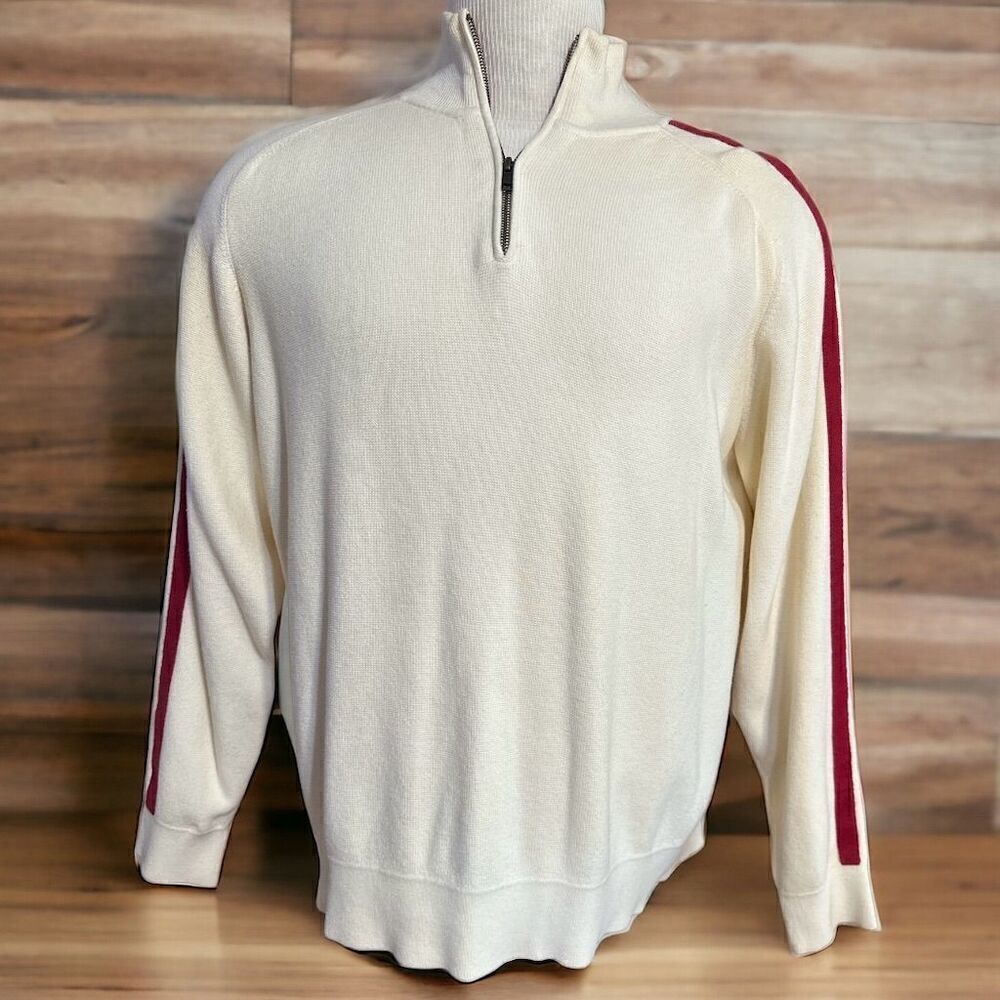 Dockers Ivory 1/4 Zip Cotton Sweater Contrast Red Side Double Stripe Long Sleeve